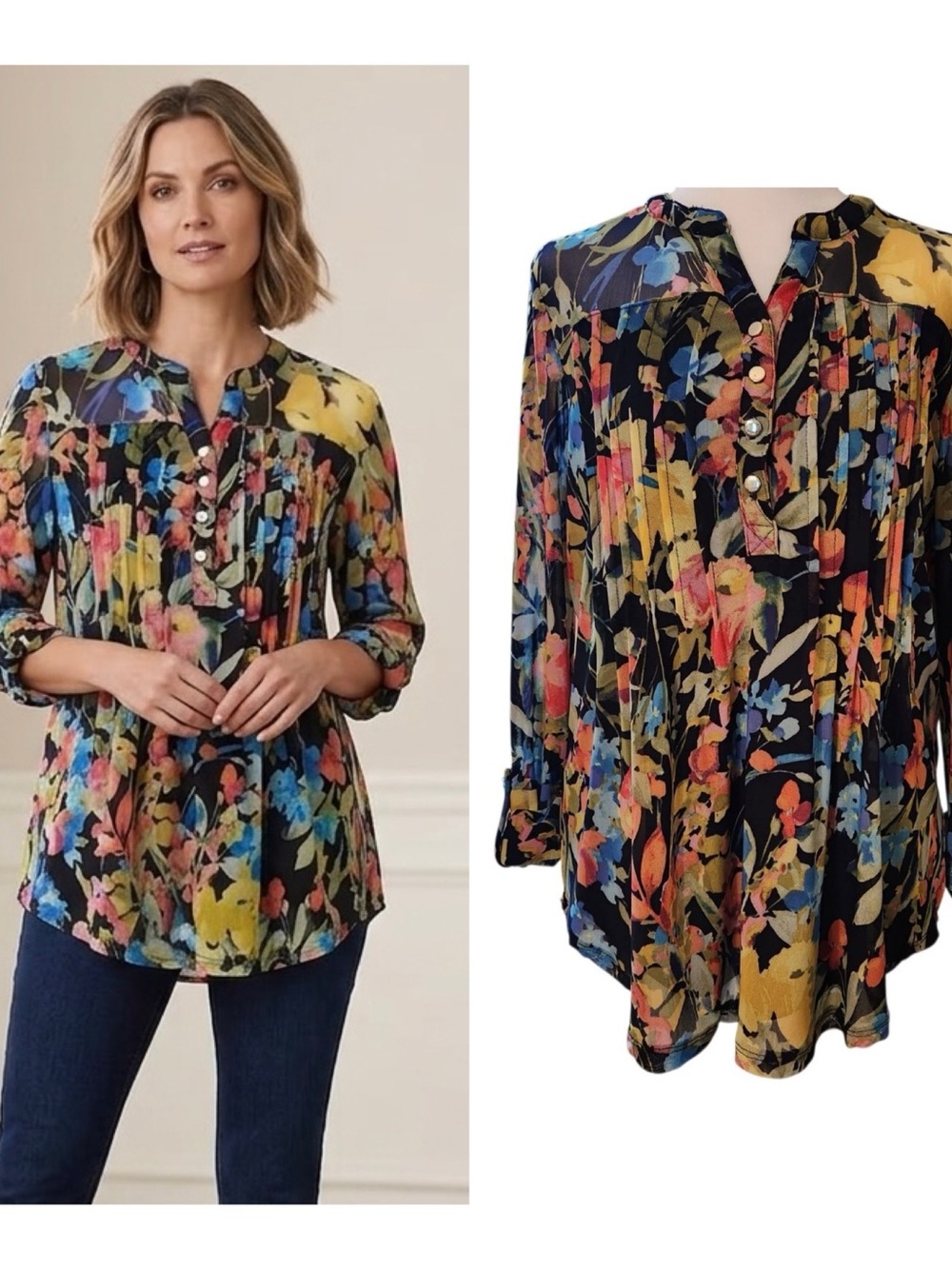 Roz & Ali Floral Button-Front 3/4 Sleeve Mesh Lined Pleated Blouse Multi-Color L